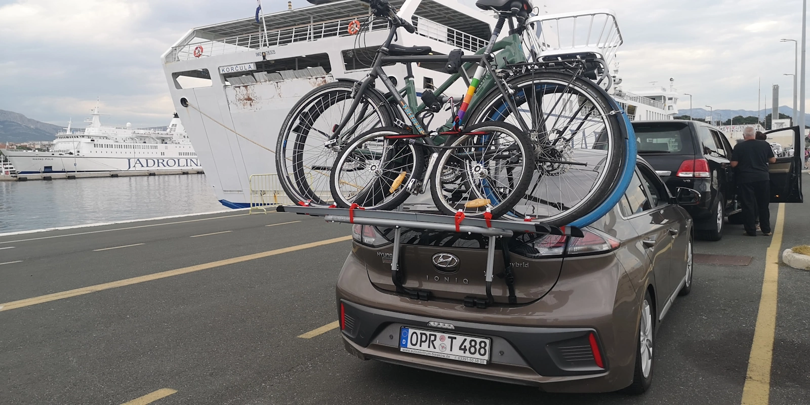 Fahrräder und Hundeanhänger auf dem Autodach