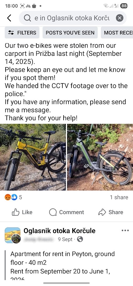 Unser eigener Facebook-Aufruf mit Fotos der gestohlenen E-Bikes