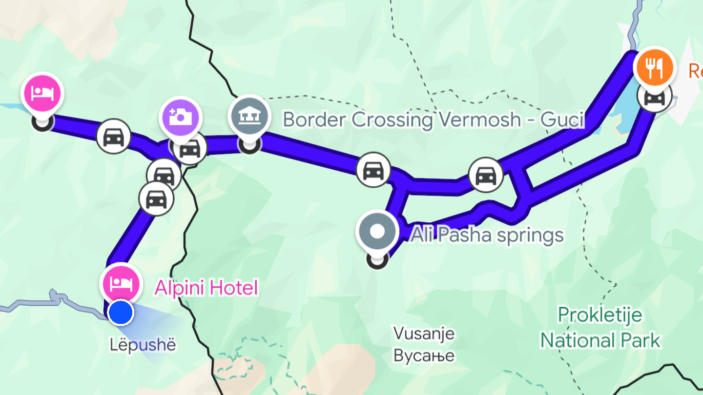 Karte der Route von Lëpushë über Vermosh, Gusinje und Plav