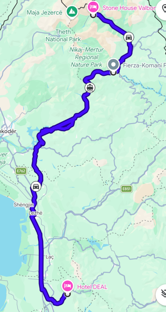 Route vom Valbona-Tal über den Komansee bis nach Kruja