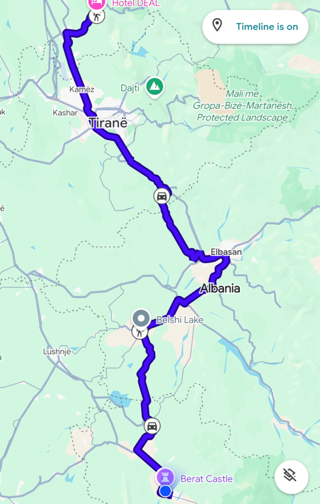 Unsere Route von Kruja über Tirana, Elbasan, Belsh und Kuçova nach Berat