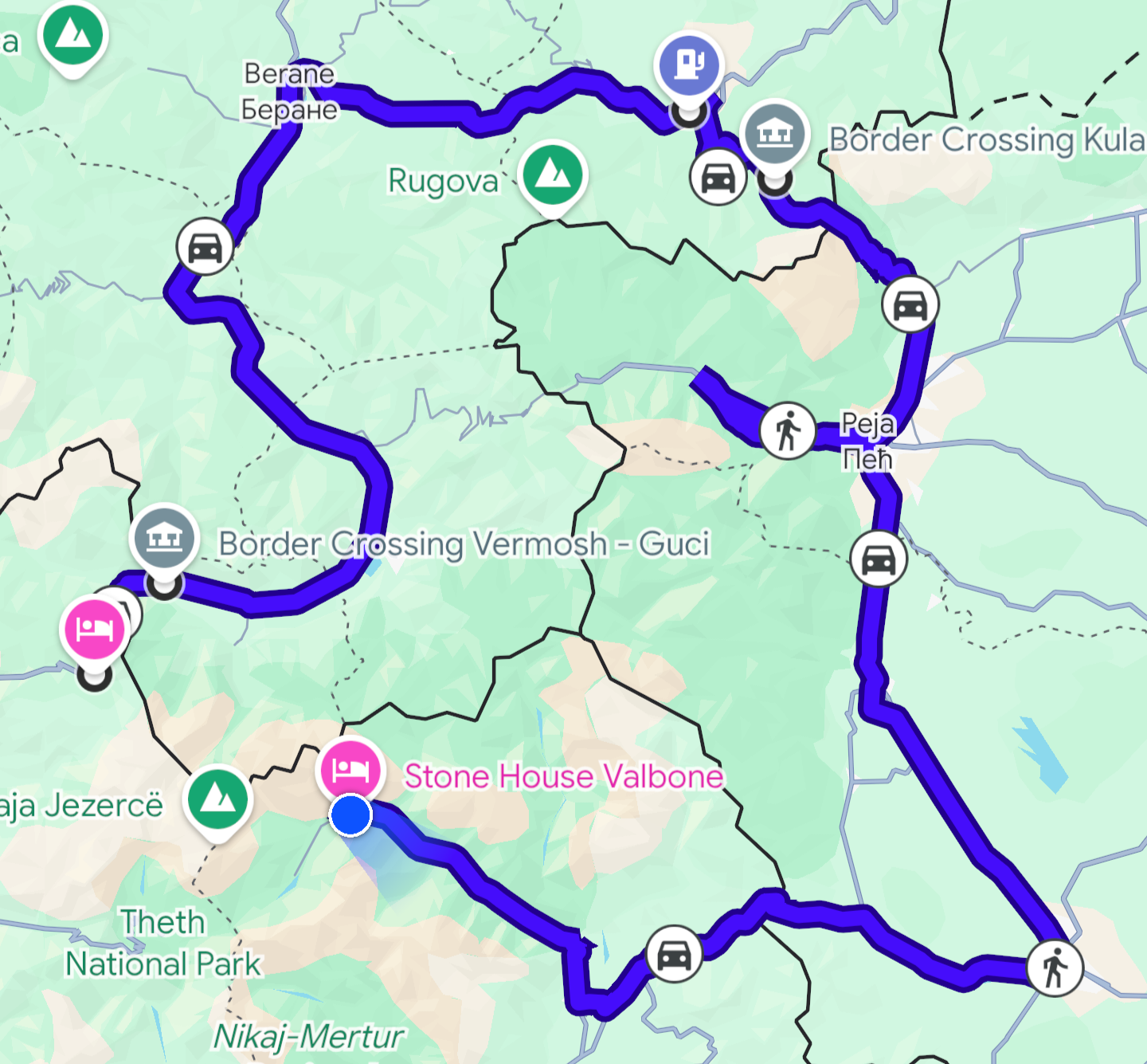 Karte der Strecke von Lëpushë über Montenegro und den Kosovo nach Valbona