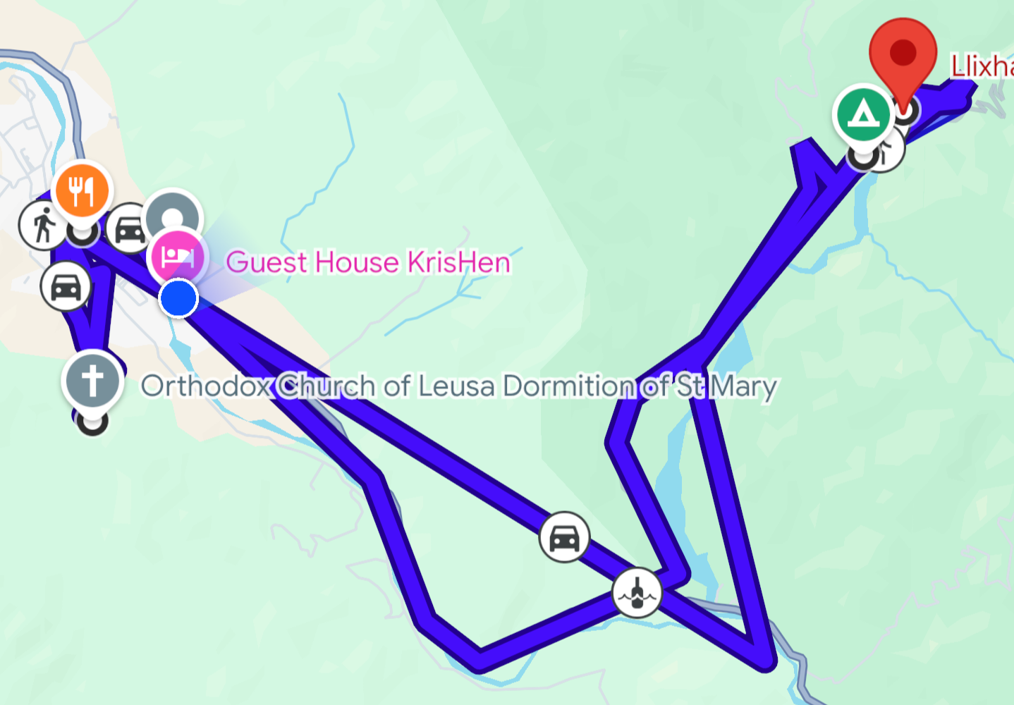 Google Maps mit unterschiedlichen Routenvorschlägen rund um Përmet