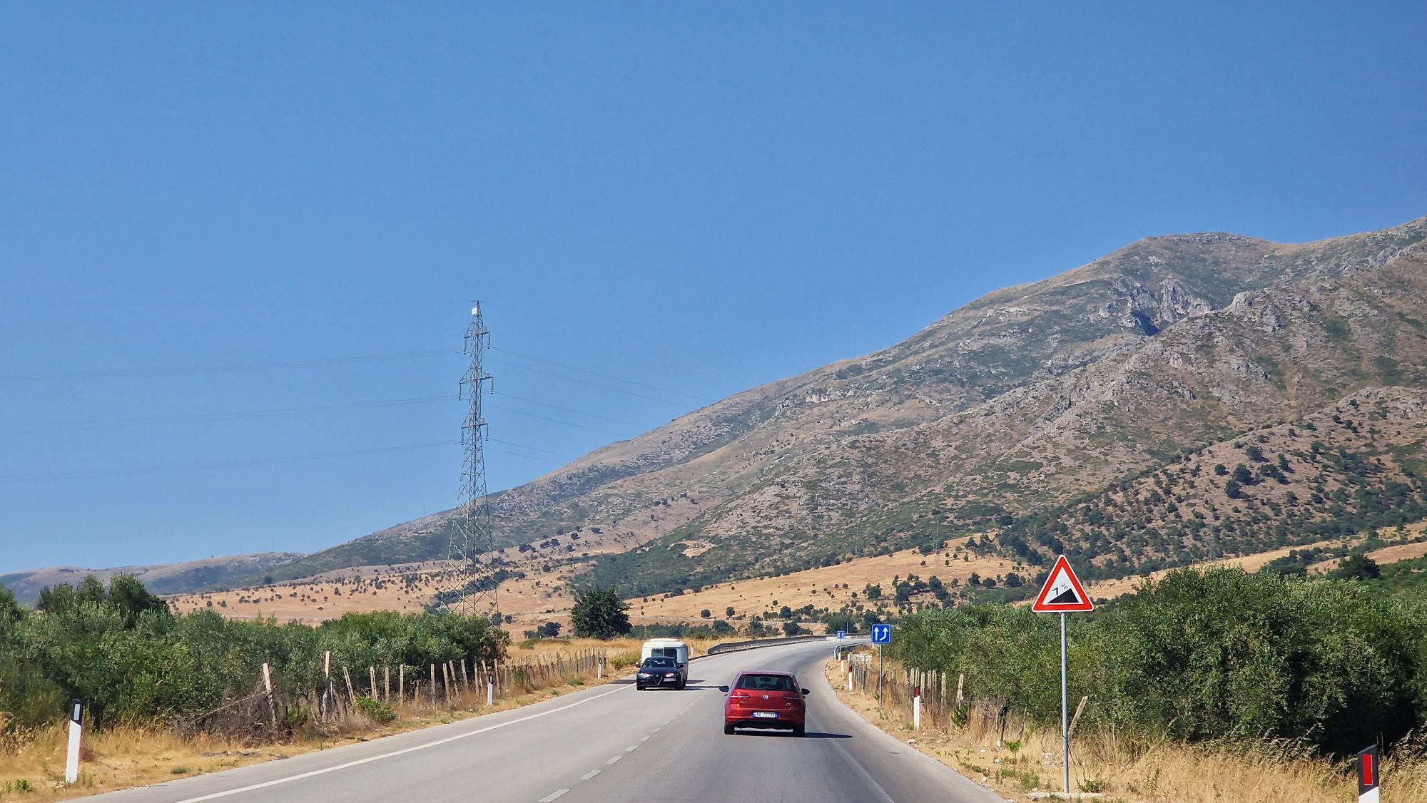 Landschaft auf der Fahrt nach Vlorë mit Olivenbäumen und kahlen Felsen