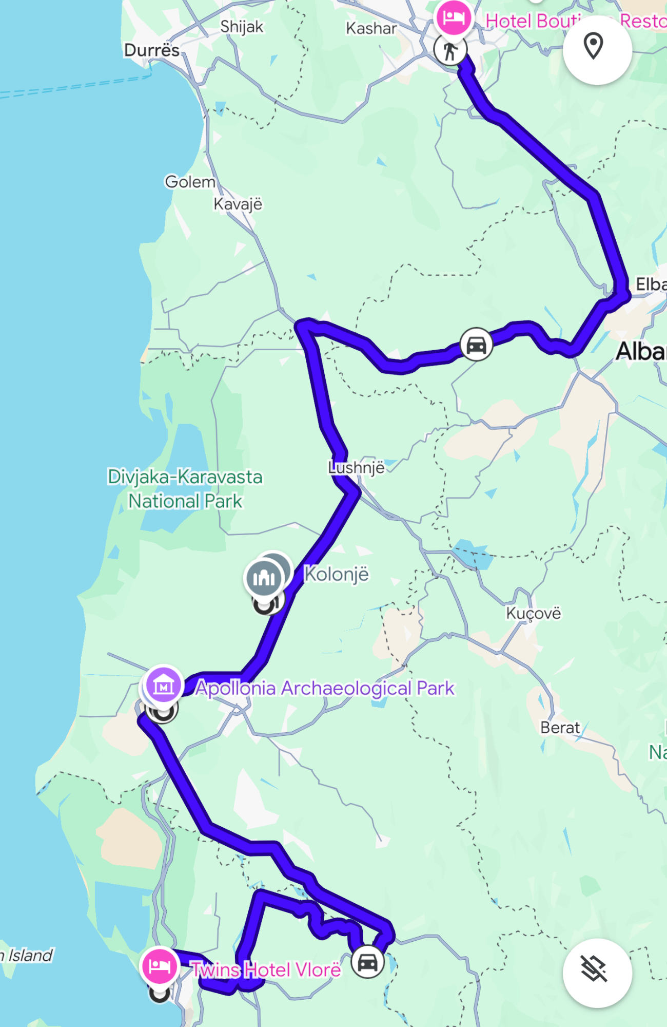 Route von Vlorë über Selenicë und Apollonia nach Tirana