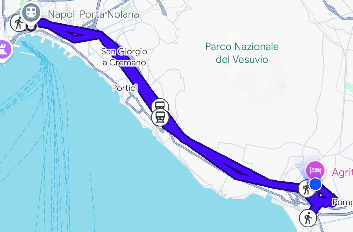 Route von Pompeji nach Neapel mit der Circumvesuviana